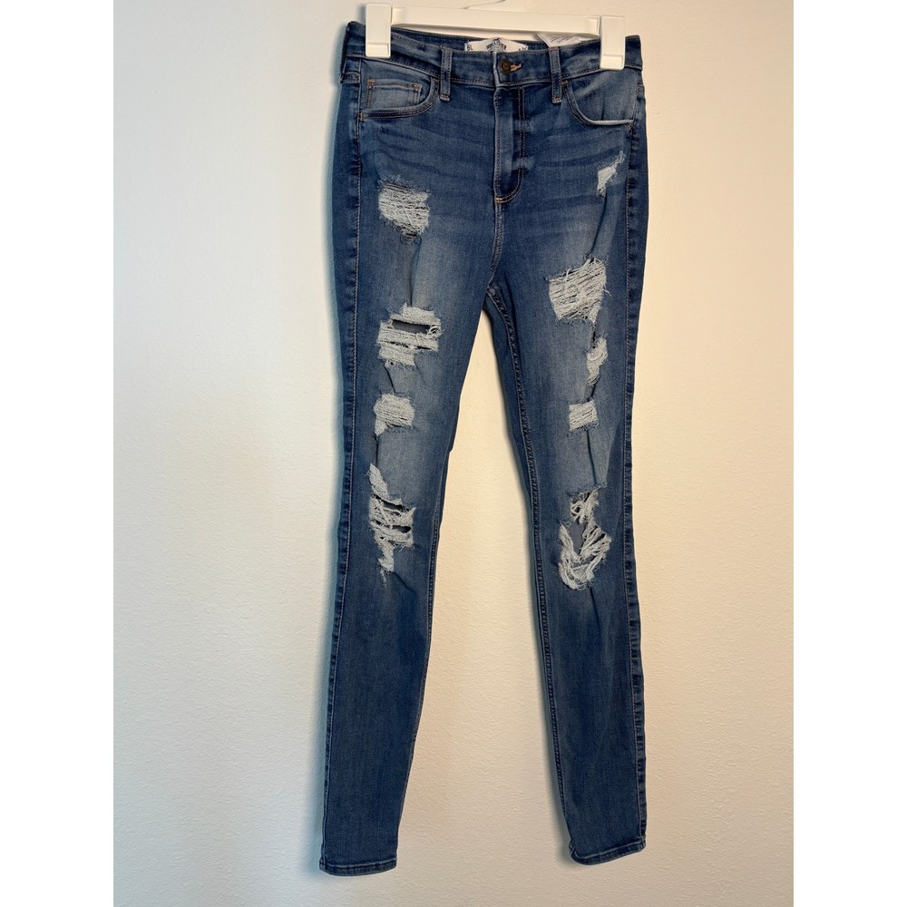 Hollister Curvy High-Rise Super Skinny Distressed Jeans W27 L30 Medium Wash